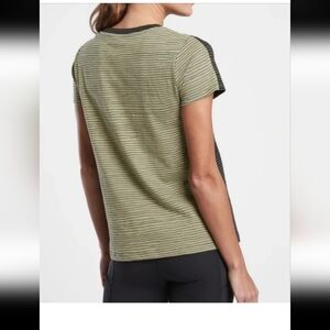Athleta Olive and Black Striped Short Sleeve Tee